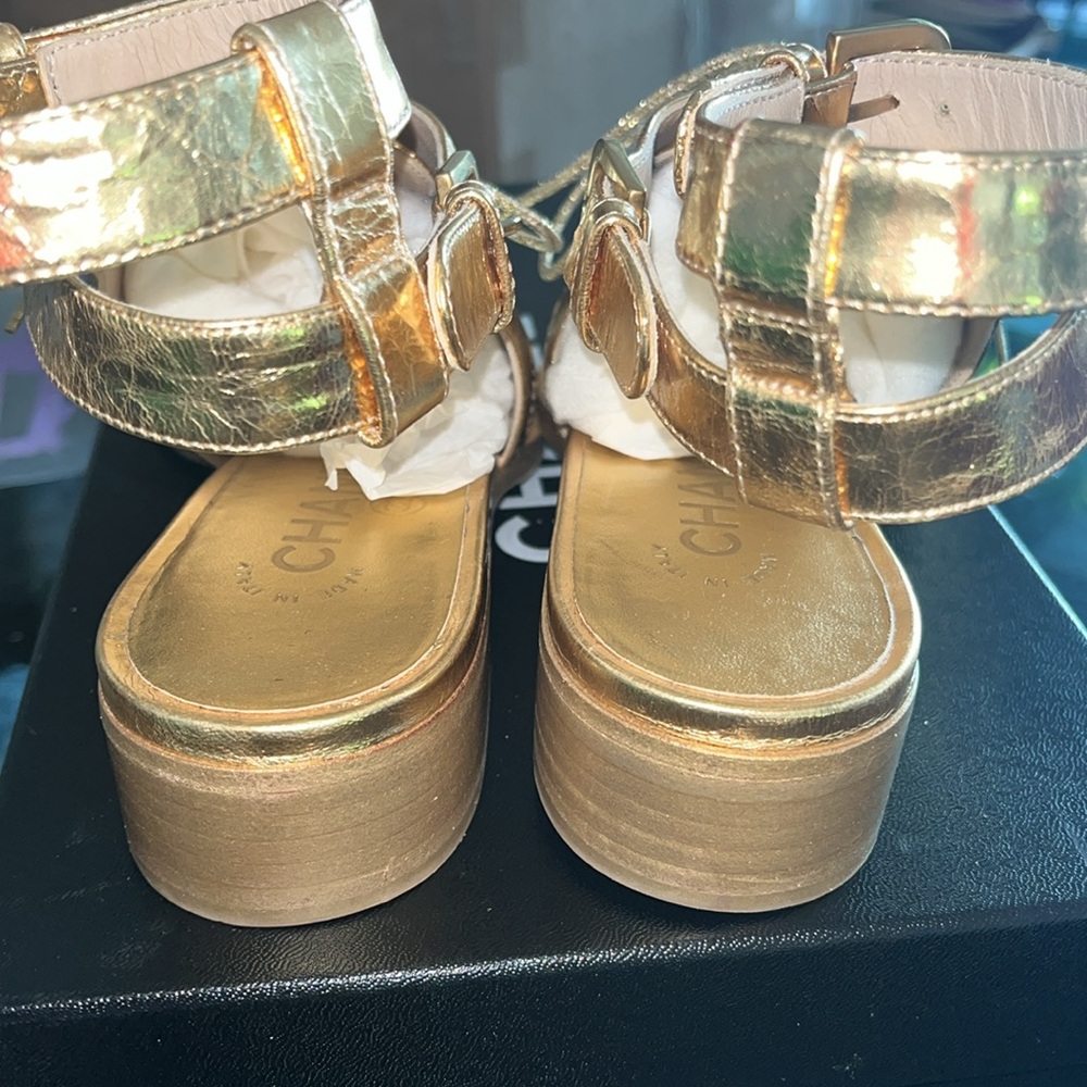 Chanel Gold Metallic Lace Up Sandals Like New In Box - Picture 7 of 8